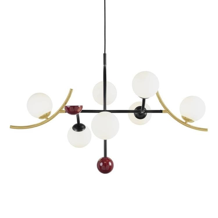 Suspension métal 7 lumières verre L130cm HELIO Noir/laiton satiné/lie de vin