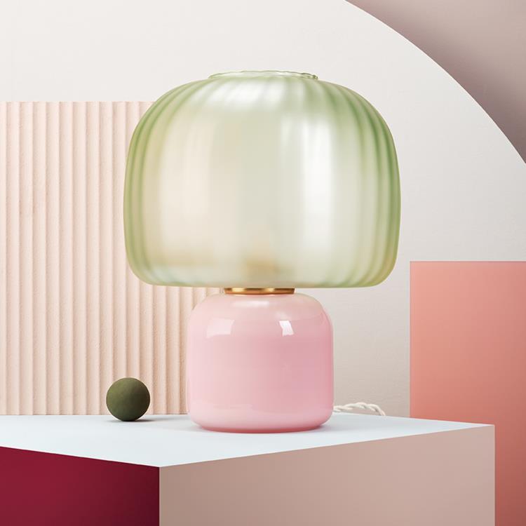 Lampe à poser LED Verre teinté/Verre dépoli H30cm LOULOU Rose abat-jour Vert