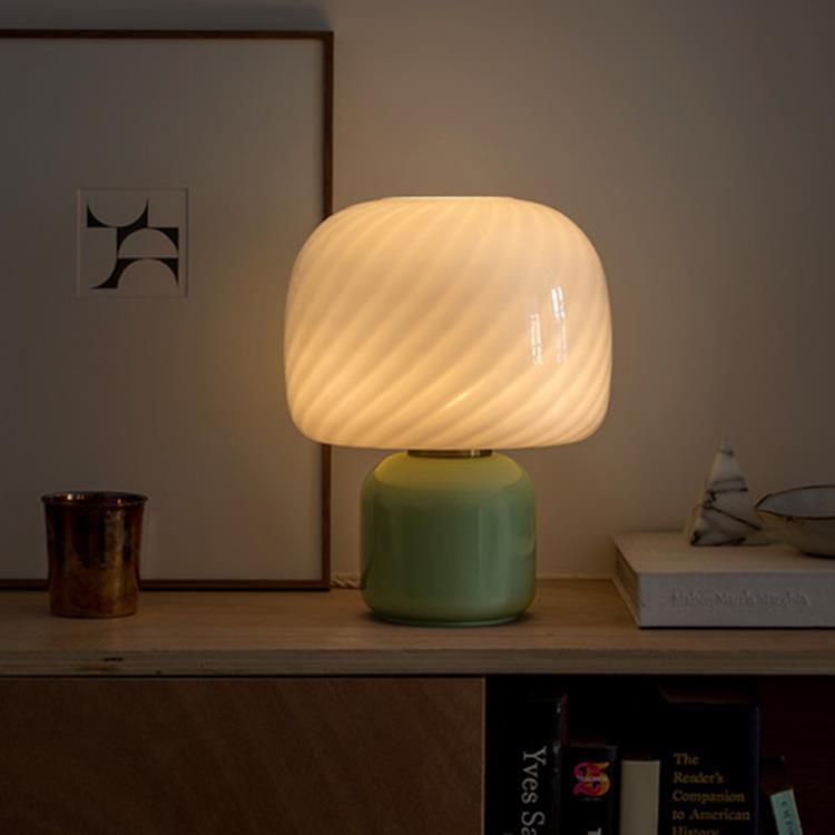 Lampe à poser LED Verre teinté/Verre dépoli H30cm LOULOU Vert abat-jour Blanc Twisté