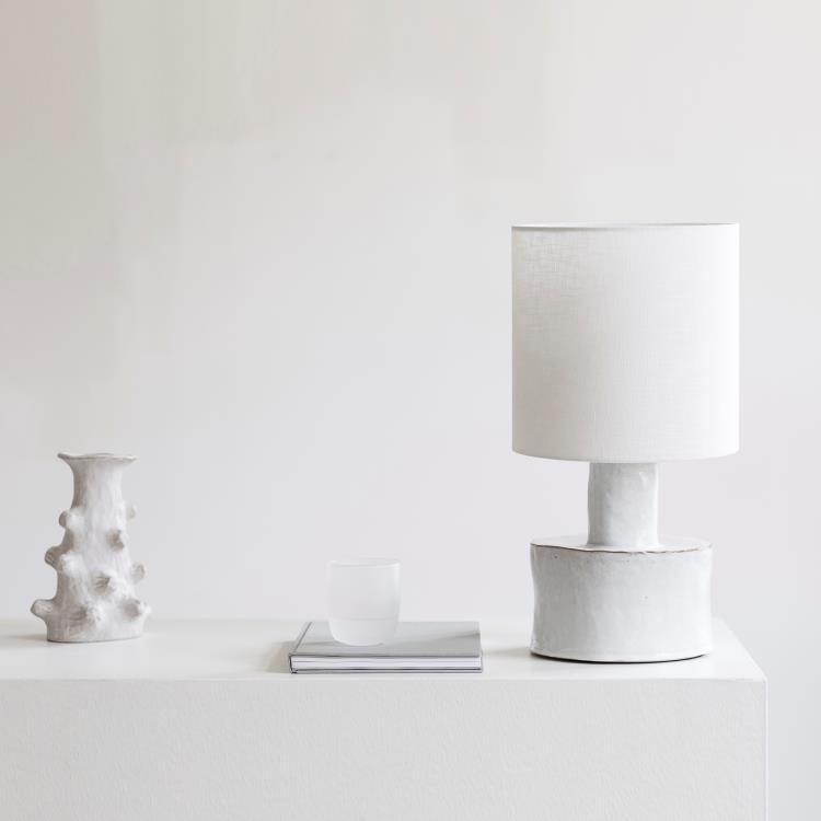 Lampe à poser céramique et lin H47cm CATHERINE Blanc mat / Abat-jour Blanc