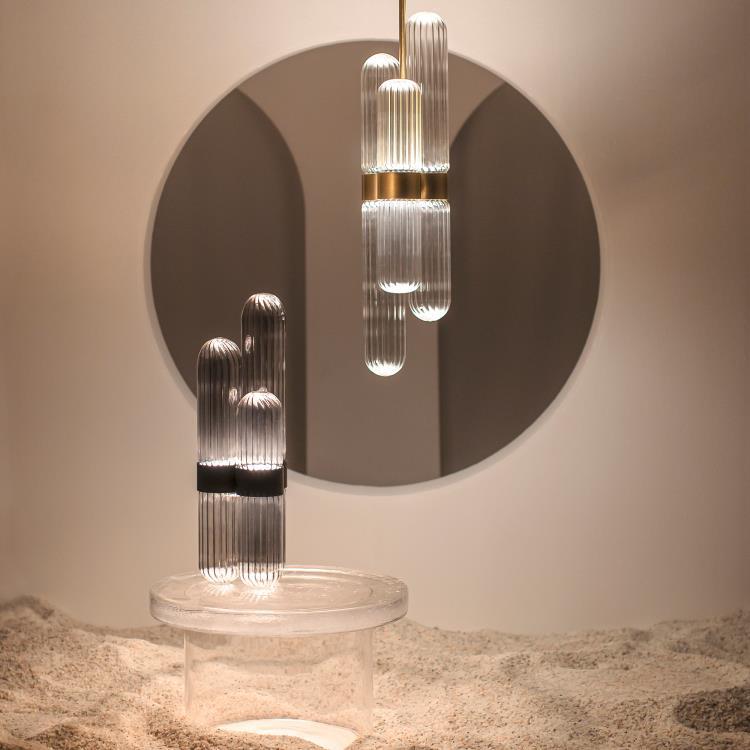 Lampe à poser LED Métal/Verre avec dimmer H63cm CACTUS SMALL Gris fumé et noir